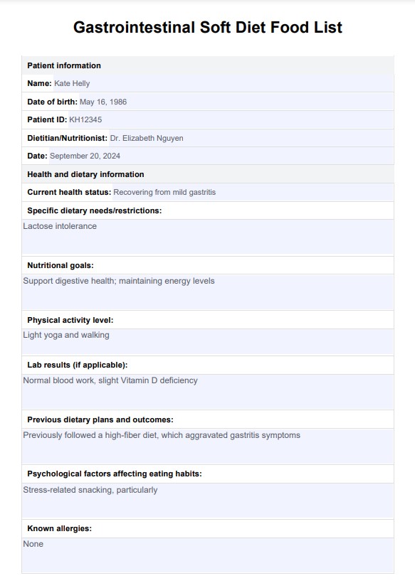 Gastrointestinal Soft Diet Food List